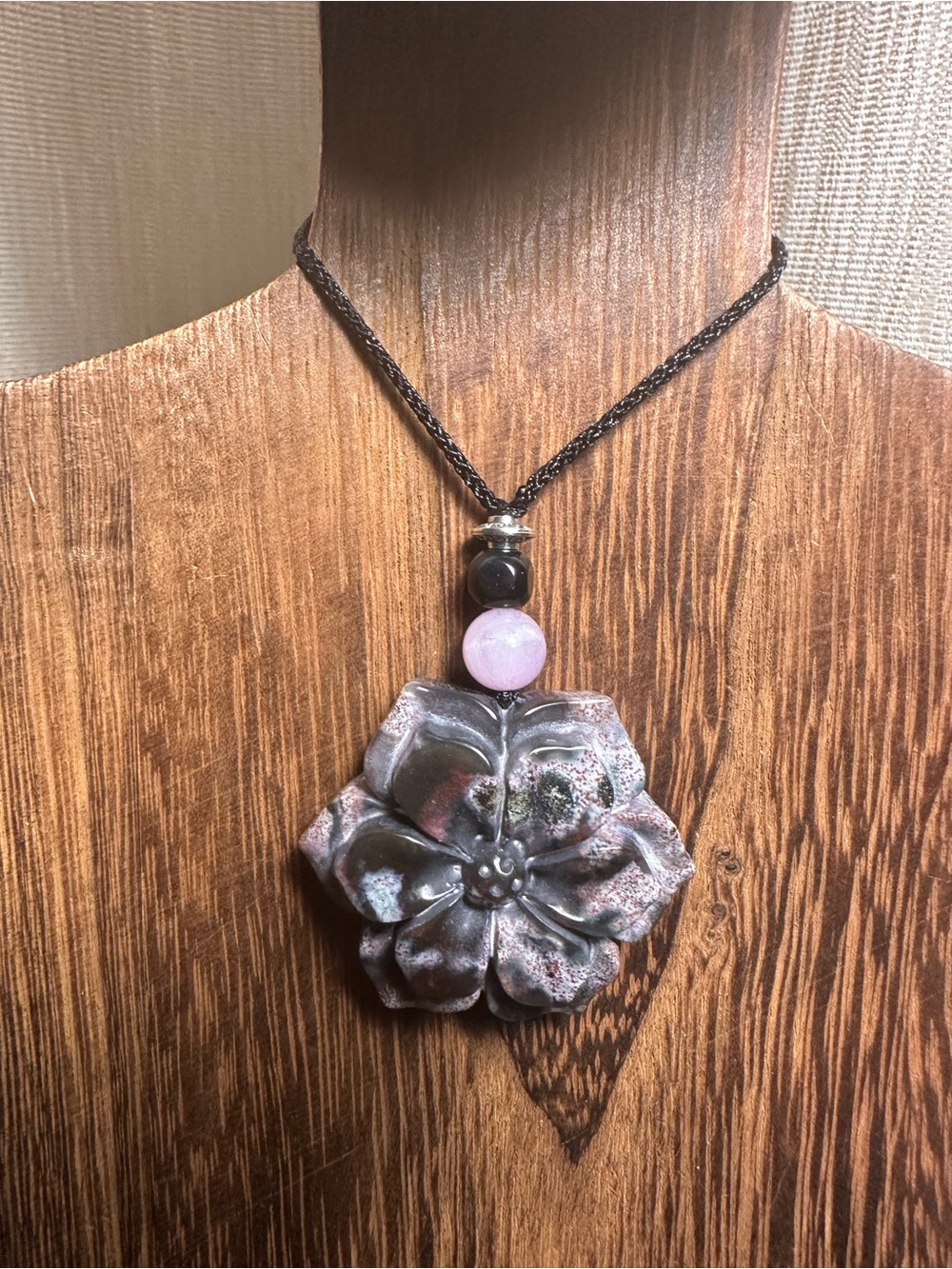 Ocean Jasper Pendant Necklace with Kunzite on Thin Black Adjustable Rope - Picture 10 of 16